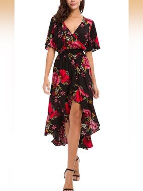 Kormei Womens Short Sleeve Floral High Low V-Neck Flowy Midi Dress. Size XL (14)
